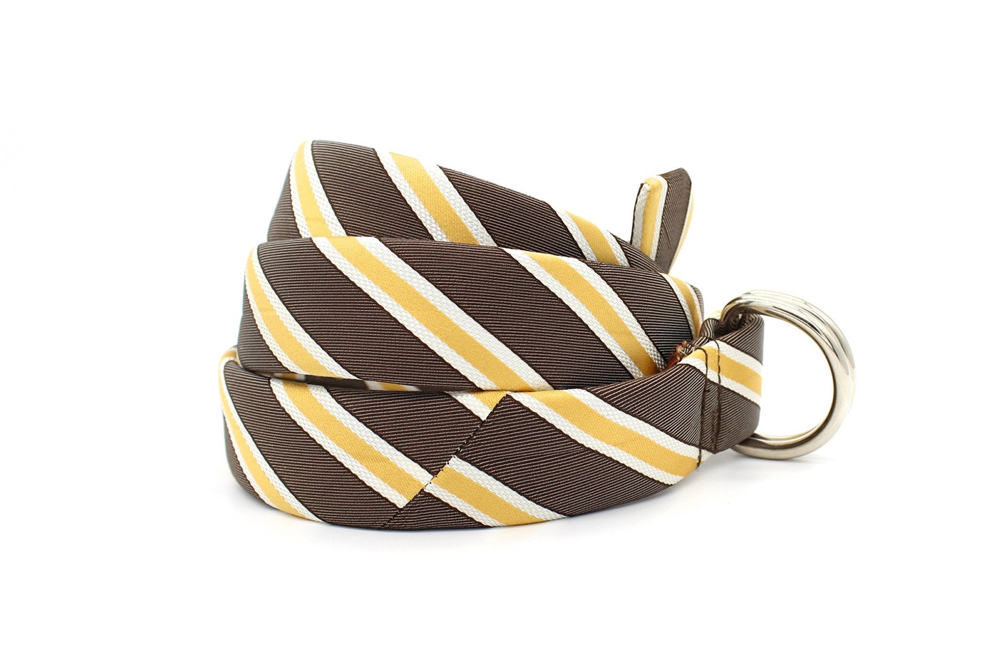 KRAGÜ STRIPES BROWN X YELLOW - KRAGÜ GÜRTEL AUS SEIDE MIT SILBERNER GÜRTELSCHNALLE. DAS MODISCHE ACCESSOIRE. AUFFÄLLIG, STYLISCH UND MODERN.