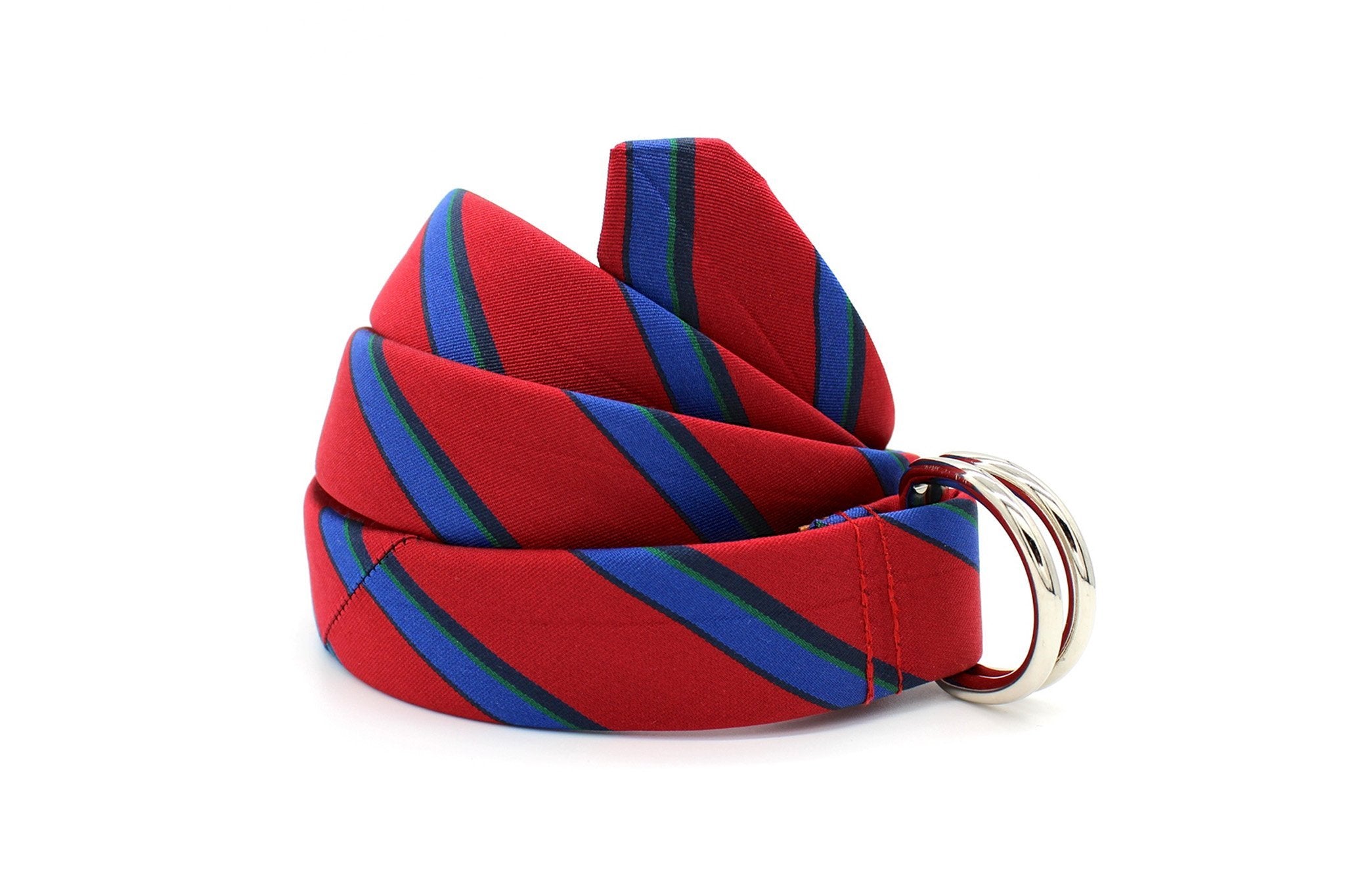 KRAGÜ STRIPES RED X BLUE - KRAGÜ GÜRTEL AUS SEIDE MIT SILBERNER GÜRTELSCHNALLE. DAS MODISCHE ACCESSOIRE. AUFFÄLLIG, STYLISCH UND MODERN.
